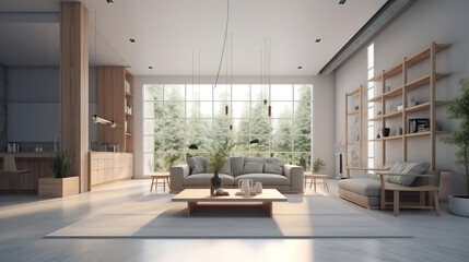 Minimal modern home with living room and dining room design. Generative Ai