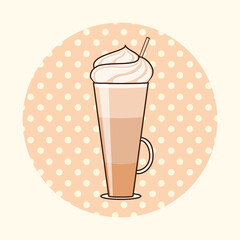 Tall glass cup with coffee and a cap of cream on a round dotted background. Vector illustration
