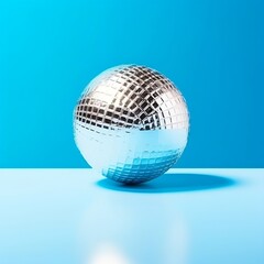 Disco ball ice cream on bright blue background. Minimal party concept.