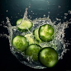 Fototapeta na wymiar cucumber dropping into fresh water splashing
