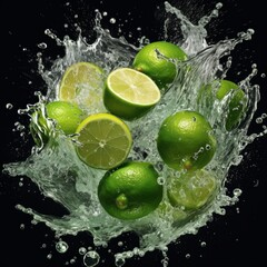 lime falling into water and splashing. Concept of freshness