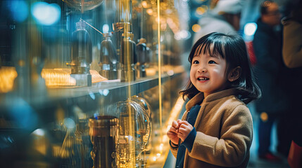 Słodka azjatka, dziecko patrzy na witrynę sklepową z zauroczonym spojrzeniem