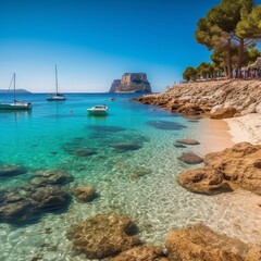 idyllic beach with transparent and turquoise waters in the mediterranean. Ibiza