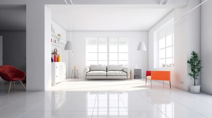 Naklejka na ściany i meble White apartment interior panorama. Generative Ai White apartment interior panorama. Generative Ai