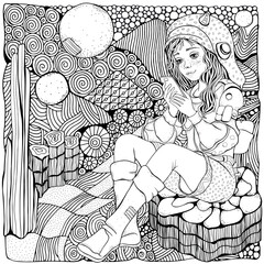Black And White Coloring Book Page For Adult. Girl astronaut. The girl is sitting and looking at the phone. Zentangle background.