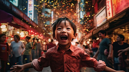 Mały azjataa, dziecko biegnie radośnie podczas karnawału wśród konfetti