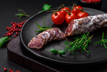 Delicious fresh smoked fuet sausage with salt, spices and herbs