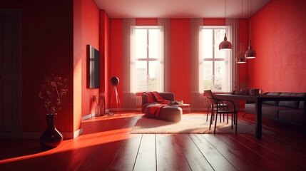 Living room space image with red sofa complemented . Generative Ai