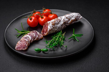 Delicious fresh smoked fuet sausage with salt, spices and herbs