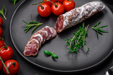 Delicious fresh smoked fuet sausage with salt, spices and herbs