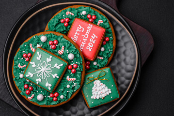 Delicious fresh sweet Christmas gingerbread with festive ornaments