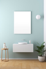 Fototapeta na wymiar Modern bathroom interior with blue walls, wooden floor, white sink. Generative AI.