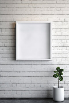 Blank picture frame on white brick wall. Mock up. Generative AI.