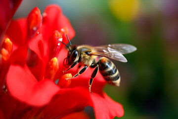 A bee standing on a red flower collecting pollen