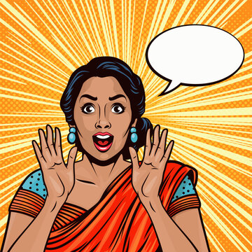 Vector Banner with Indian Woman, Wow Face, Holding Hands, Arms, Palms Near Her Cheeks in Pop Art Comic Style. Advertising Poster for Sale, Discount Placard, Flyer Card. Beautiful Surprised Woman