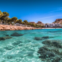 beach and crystal clear water on an island of ibiza in the mediterranean sea