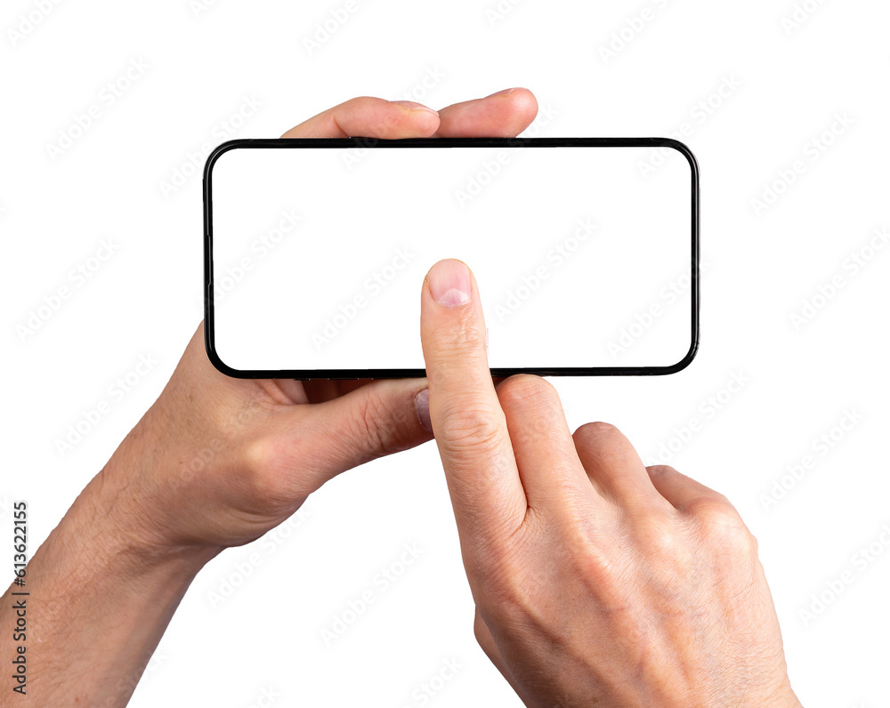 Poster hand holding smartphone, clicking on blank screen mockup, tapping in center of mobile phone display 