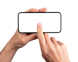 Hand holding smartphone, clicking on blank screen mockup, tapping in center of mobile phone display...