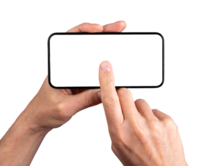 Hand holding smartphone, clicking on blank screen mockup, tapping in center of mobile phone display for playing video, isolated on white background