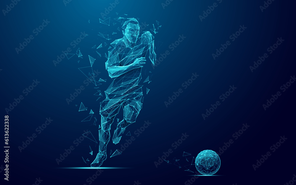 Poster Abstract Soccer Player with a ball in motion. Digital Football Athlete is running on a technology blue background. Low Poly Wireframe Footballer with connected glowing dots, lines, and particles.