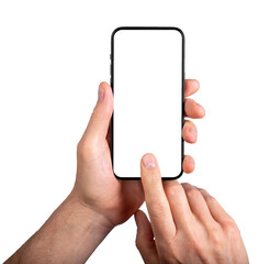 Hand holding mobile phone, finger clicking on blank screen mock-up, tapping ok on display, isolated on white background - obrazy, fototapety, plakaty