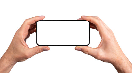 Two hands holding smartphone, blank screen mockup frame, isolated on white background