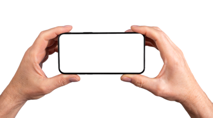 Two hands holding smartphone, blank screen mockup frame, isolated on white background