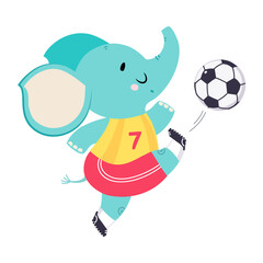 Funny Elephant Animal Character Playing Football Wearing Uniform Passing Ball Vector Illustration