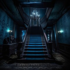 stairs in an enchanted mansion with blue tones - obrazy, fototapety, plakaty