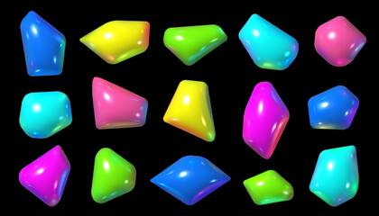 Set of 3D abstract shapes, bright, shiny vector objects like gemstones, isolated on a dark background
