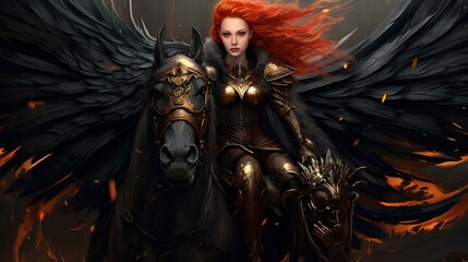 Beautiful red hair valkyrie with wings in black and golden Armor riding a black horse. generative AI