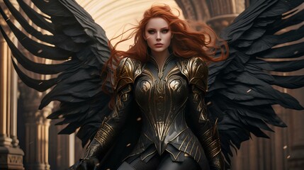 Beautiful red hair valkyrie with wings in black and golden Armor riding a black horse. generative AI