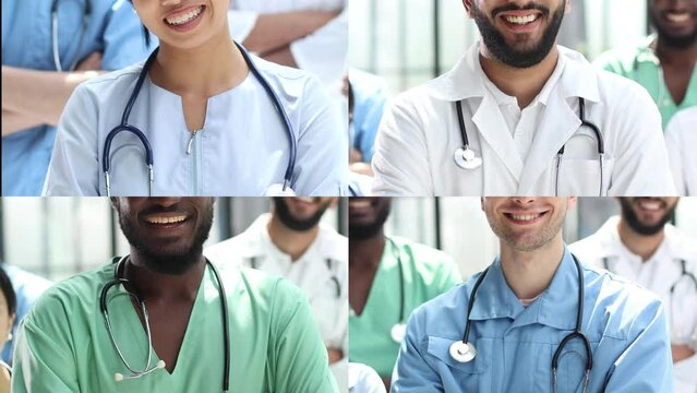 Collage of multinational doctors and portraits of medical workers dressed in uniform against the backdrop of the hospital.