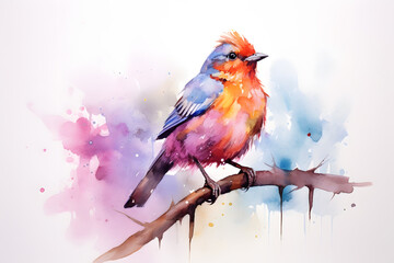 Colorful bird perching on a branch, watercolor style
