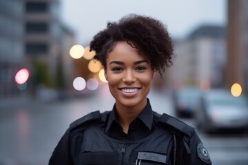 portrait of african american woman in police uniform on street
