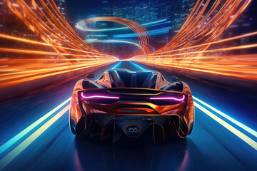 Fototapeta na wymiar Car silhouette with motion blur effect. Futuristic sports car at night road with light effects. Supercar acceleration at night track with colored light trails. Created with Generative AI