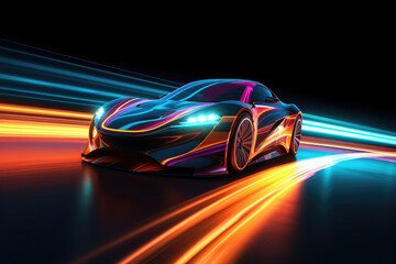 Obraz na płótnie Canvas Car silhouette with motion blur effect. Futuristic sports car at night road with light effects. Supercar acceleration at night track with colored light trails. Created with Generative AI