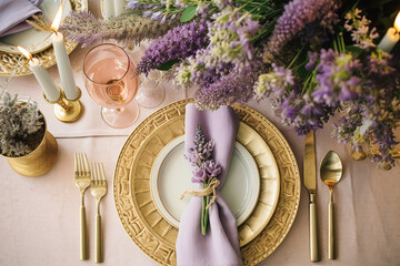 Wedding tablescape, elegant formal dinner table setting, table scape with lavender decoration for holiday party event celebration, generative ai