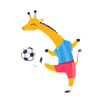 Funny Giraffe Animal Character Playing Football Wearing Uniform Passing Ball Vector Illustration
