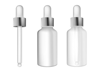 Set of dropper bottles for cosmetic serum. Cosmetic container mockups. Serum bottle with pipette isolated on white background. Collagen essence treatment medical vial. 3d vector.