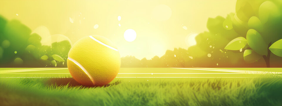 Illustraion, tennis ball on the grass at tennis court. Tennis tournament. AI generated