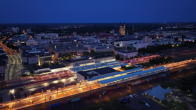 Drone shot of Magdeburg Central Railway Station  (Magdeburg Hauptbahnhof) , at sunset , Germany