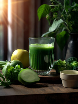 delicious green smoothie in a glass on wooden table, ai generated