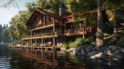 Fototapeta na wymiar Wooden lakeside house high fetailed photo realistic. Generative AI