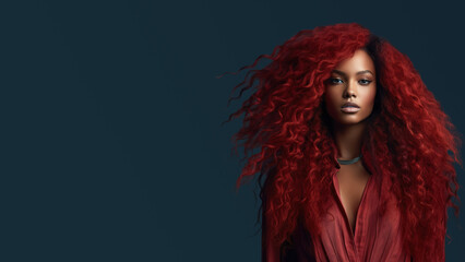 Black woman with long thick red curly hair with blank space for your advertisement