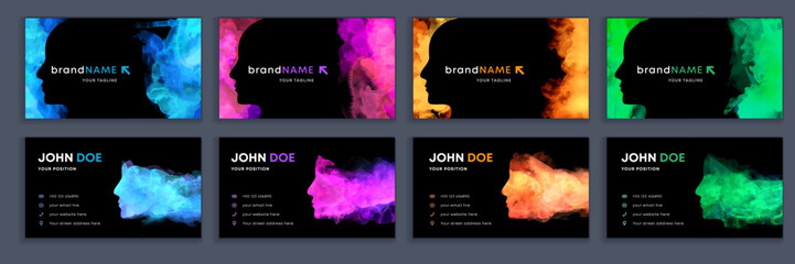 Big set of bright vertical colorful business card template with vector watercolor head silhouette on black background