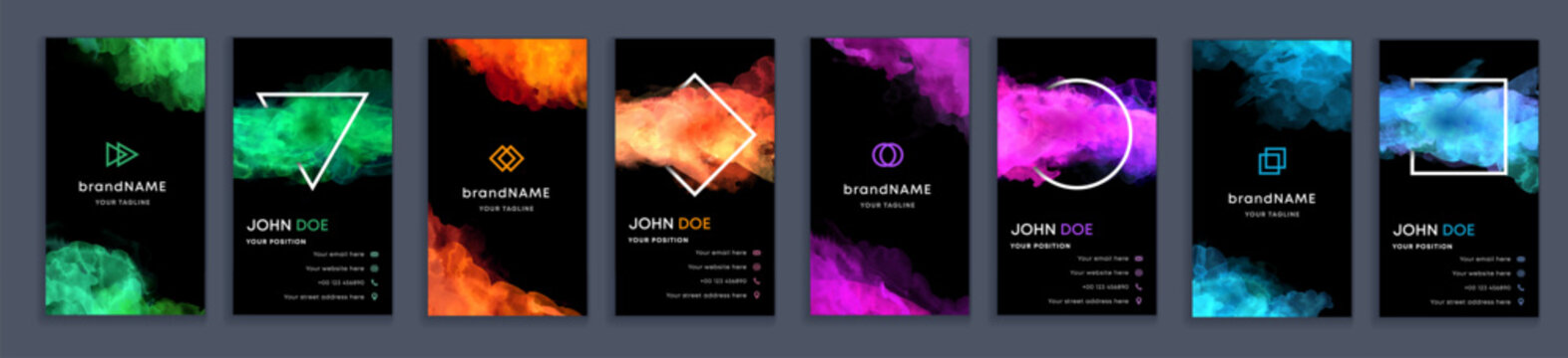 Big set of bright vertical colorful business card template with vector watercolor black background