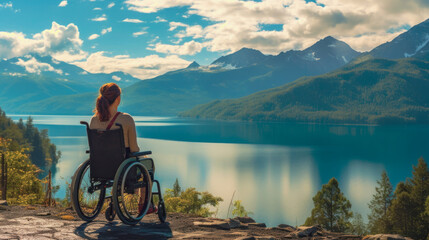 A woman in a wheelchair looks at the lake. Rest on
wheelchair. Hiking in the mountains in a wheelchair. Inclusion. Generative AI