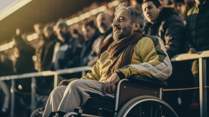 Fototapeta na wymiar A man in a wheelchair at a sports stadium. Inclusion in sports. Generative AI. 
