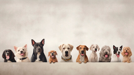 Banner with many dogs of different breeds standing in line and looking at the camera. Free space for advertising texts. Template for veterinary, dog food, dog grooming. Light background 